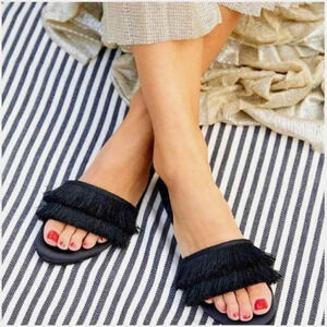 Birdies Sparrow Fringe Slipper Open Toe Sandals Shoe Black Women's Size 7.5